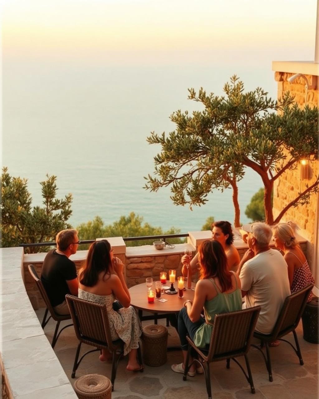 Comunidad VitalChain reunida en una terraza mediterránea al atardecer