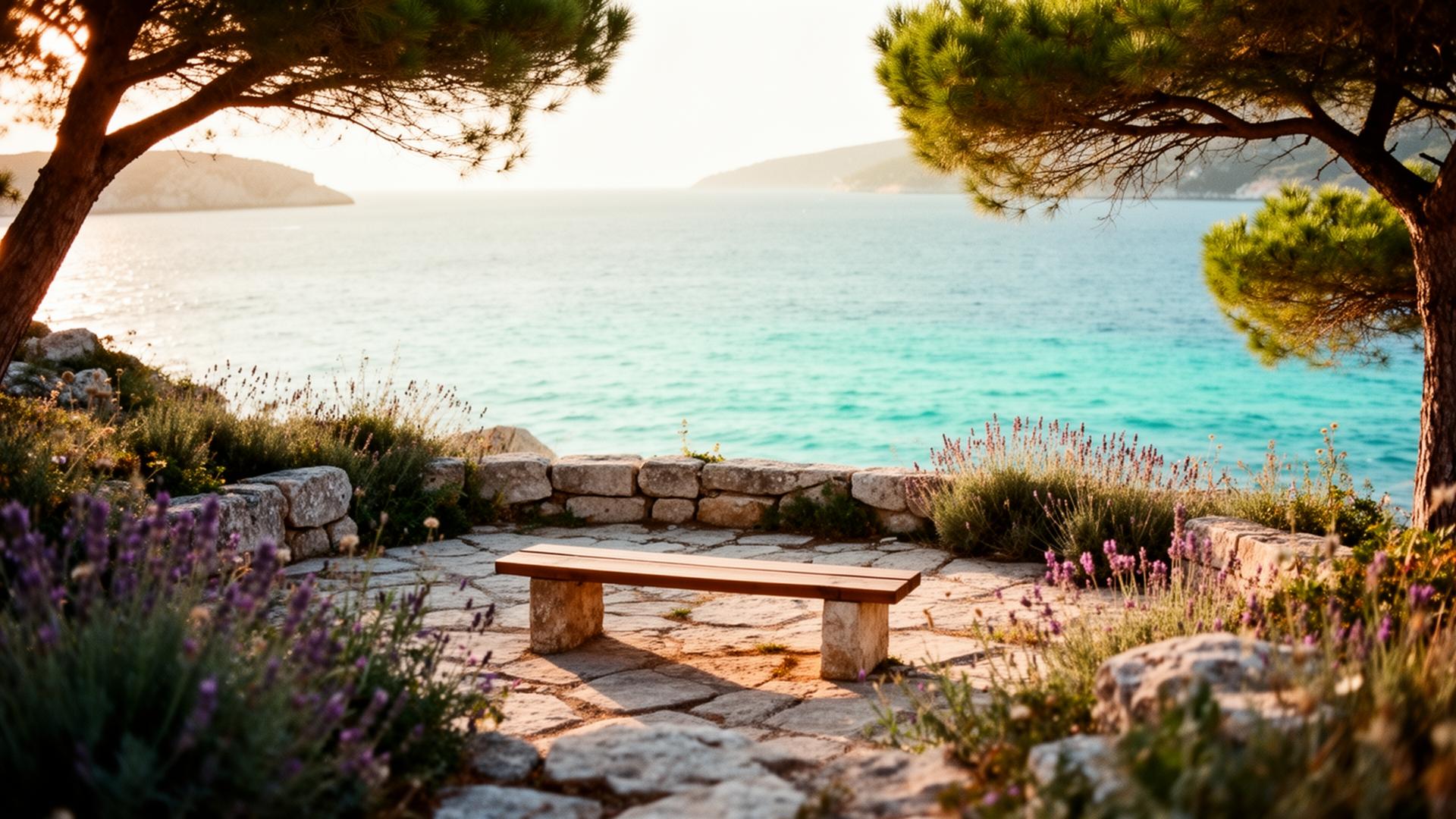 Costa croata tranquila con una terraza de piedra sobre el mar Adriático